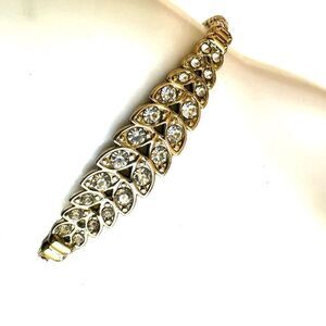 Gold tone rhinestone leaf chain bracelet